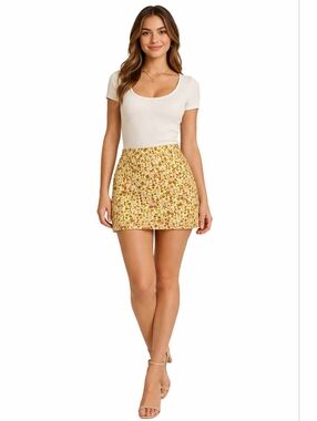 Mango Yellow Floral Mini Skirt with Pink & Green Accents
